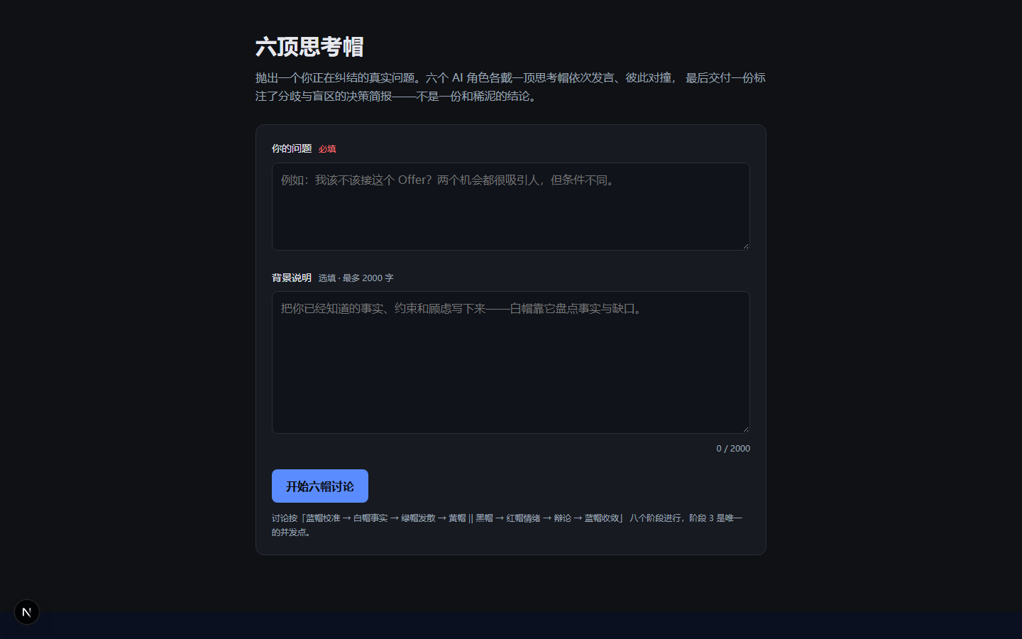 六顶思考帽 · 网页版首页:抛出问题与背景说明,八阶段讨论